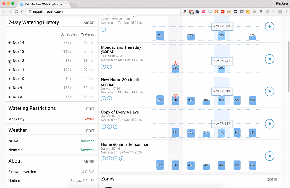 Click on + to view all RainMachine watering details.