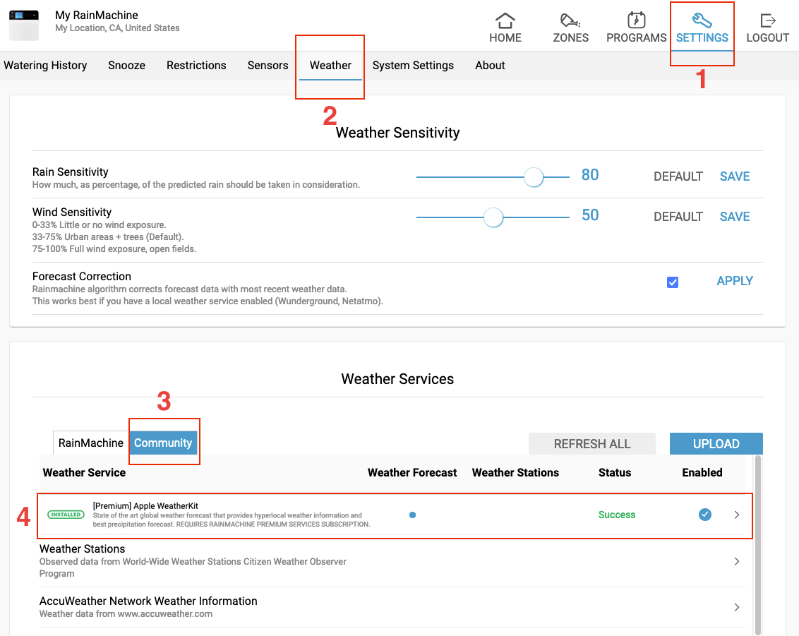 Apple WeatherKit RainMachine weather service installation screenshot of the RainMachine Web app