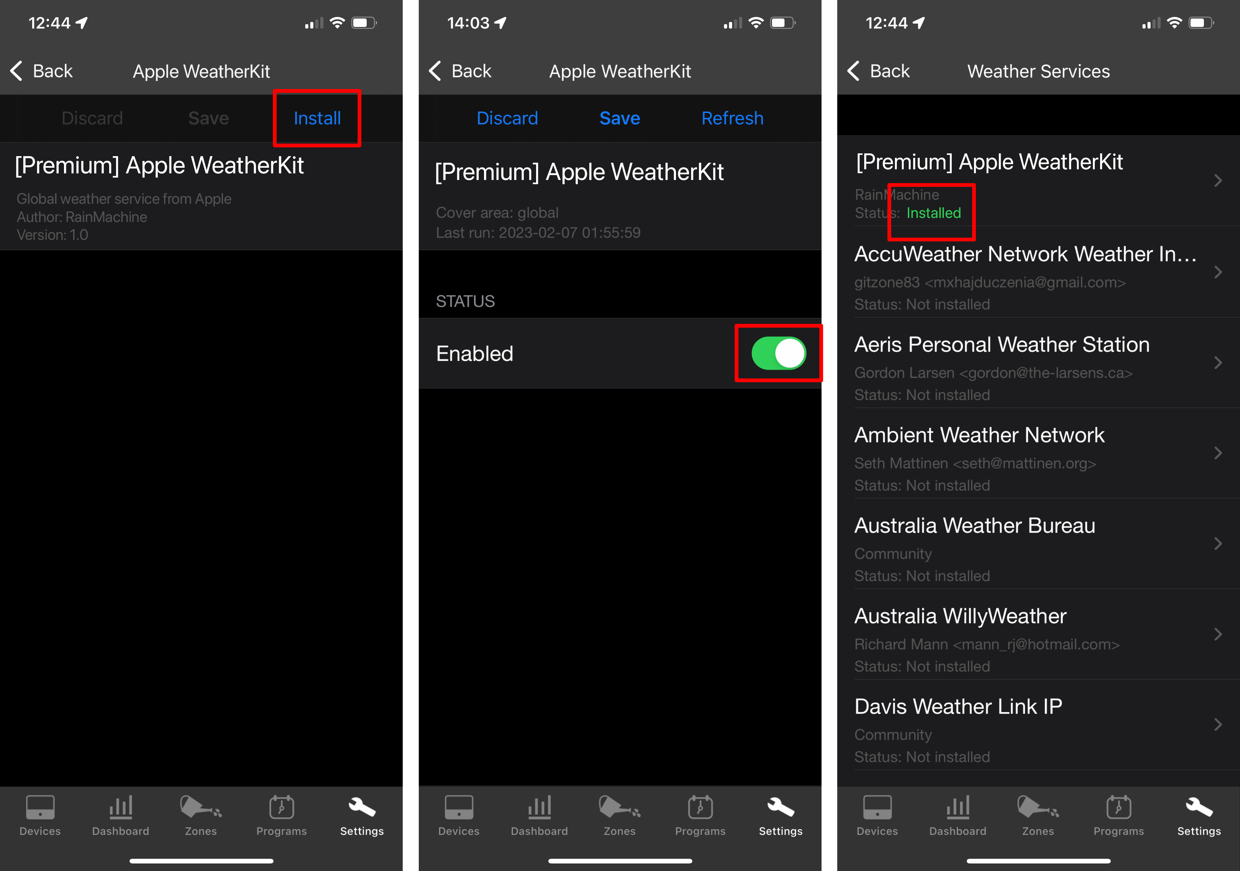 Apple WeatherKit RainMachine weather service installation screenshot of the RainMachine Apple iOS mobile app