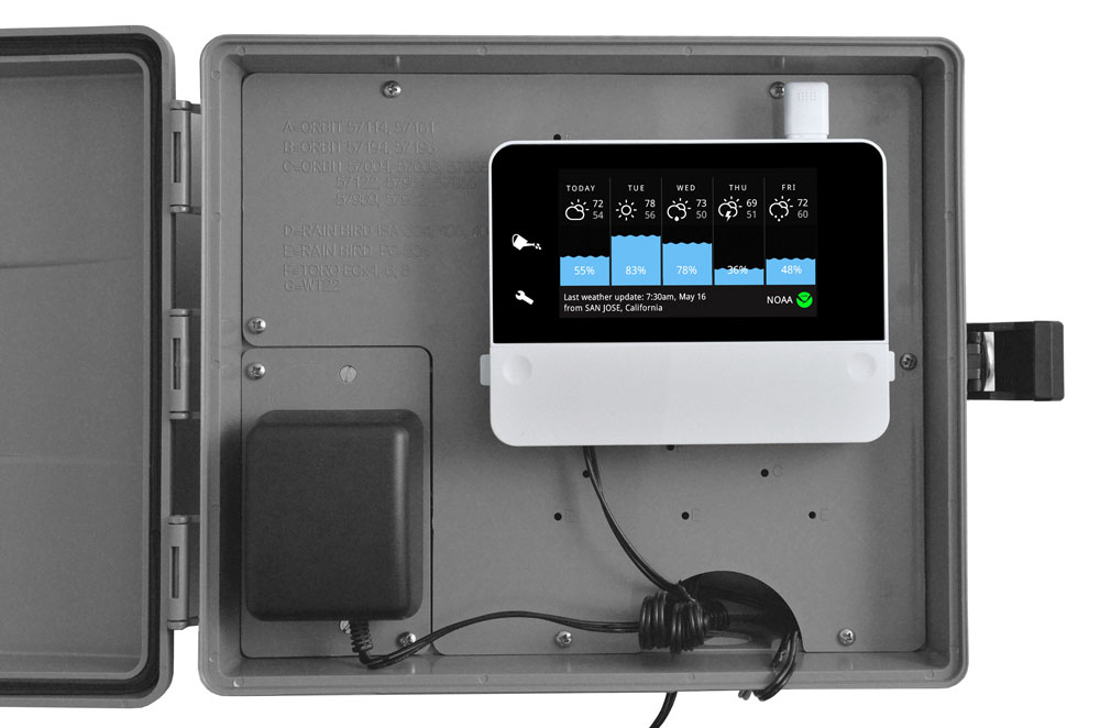 RainMachine Touch HD mounted inside of Orbit 57095 Sprinkler System Weather Resistant Outdoor Mounted Control Timer Box Cover