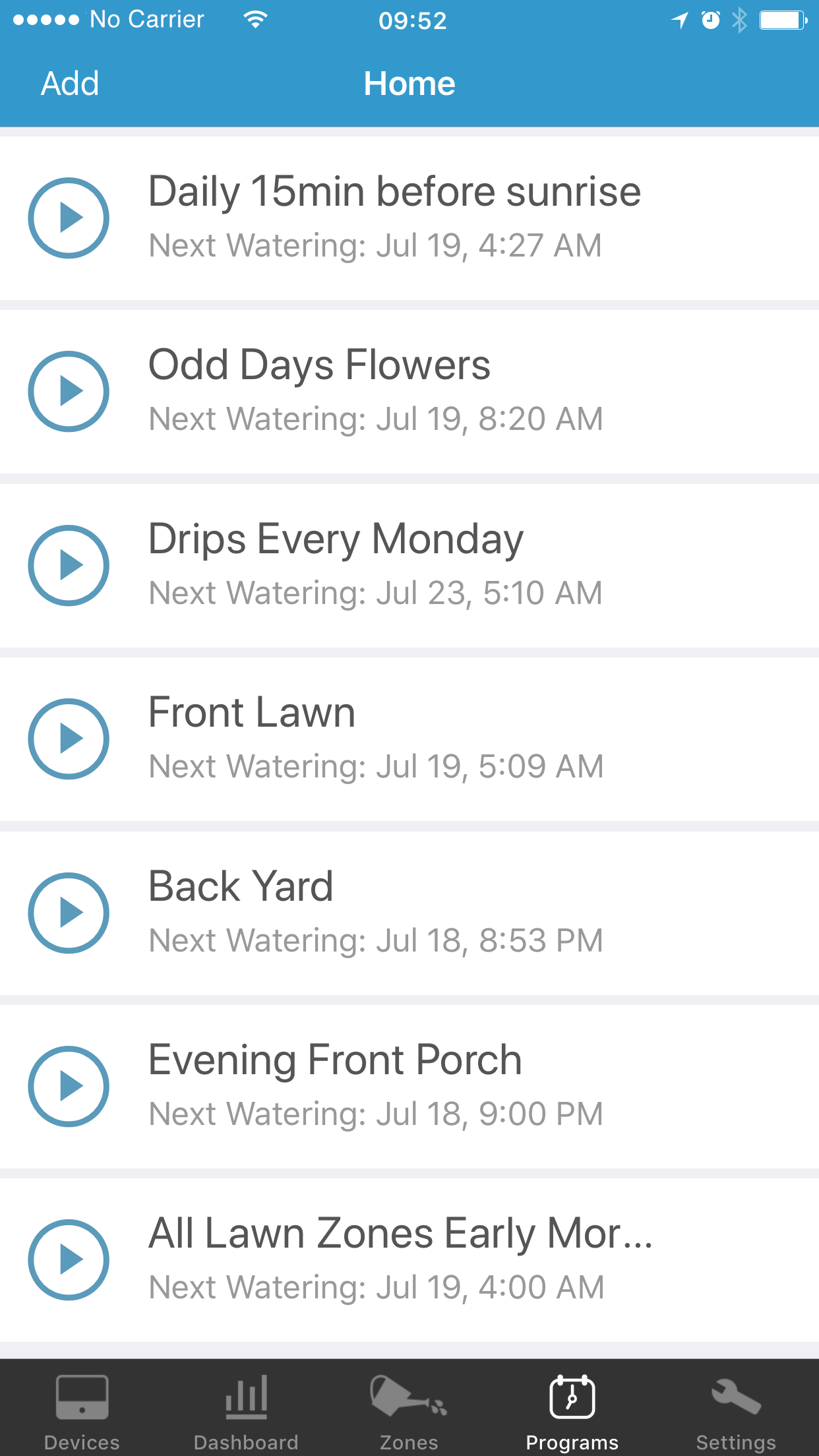 Programs screen of the RainMachine mobile application